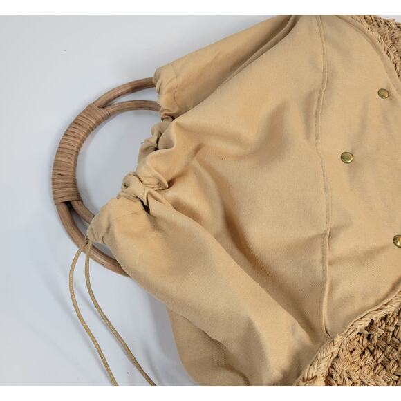 VINTAGE Woven Wooden Cinch Bag Brown Circle Handmade Rattan Summer‎ Beach Bag - Picture 9 of 14